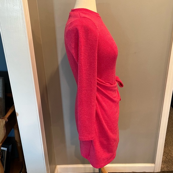 Lush Heathered Hot Pink Faux Wrap Sweater Dress, Size Small. - Picture 2 of 13